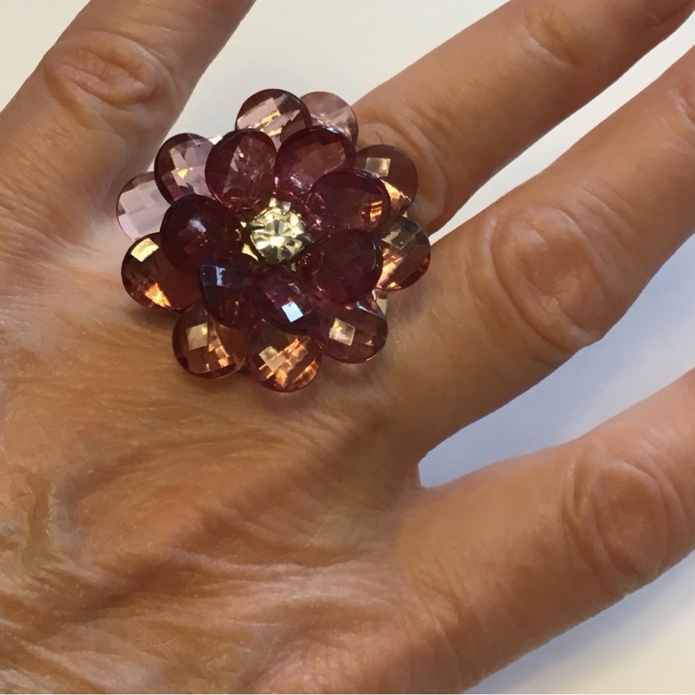 Faceted Acrylic Pink Flower Statement Stretch Ring Boho